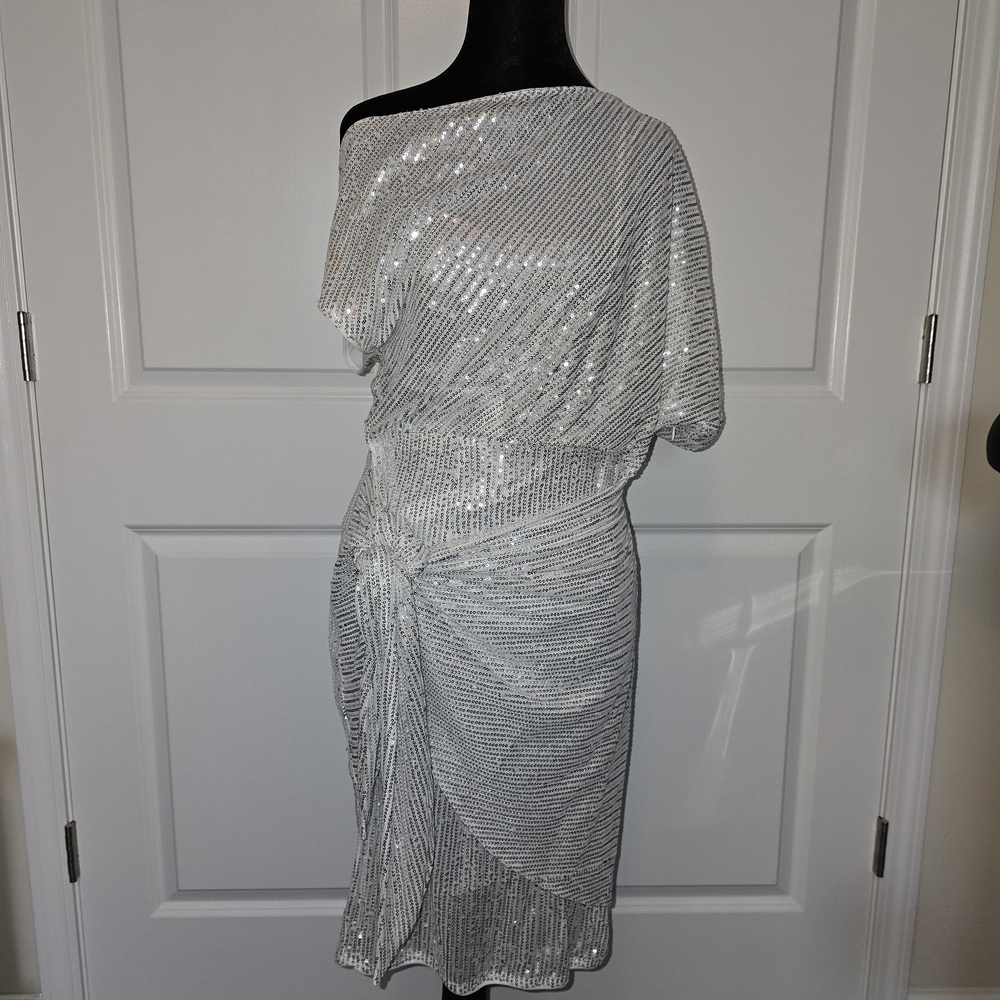 Grace Karin One Shoulder Silver Sequin Dress